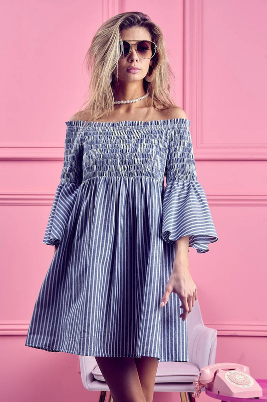 Smocked Off-Shoulder Stripe Dress